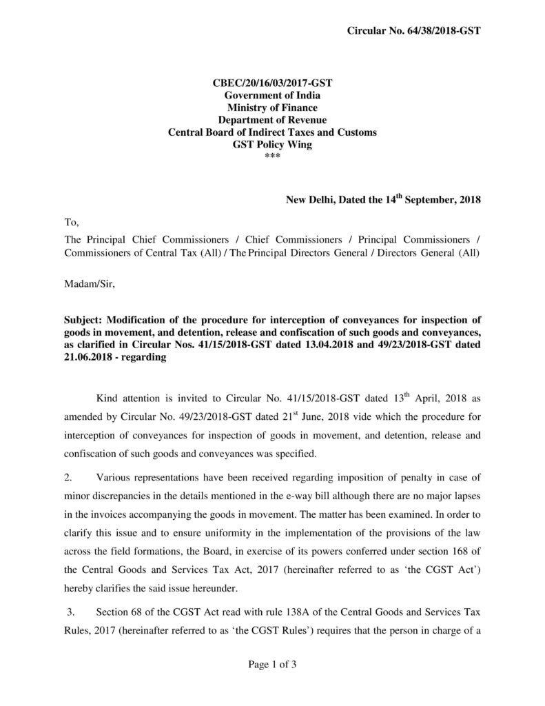 Circular No. 64/38/2018-GST - Modification of the procedure for ...