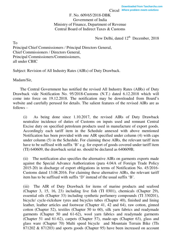 Revision of All Industry Rates (AIRs) of Duty Drawback - Circular no ...