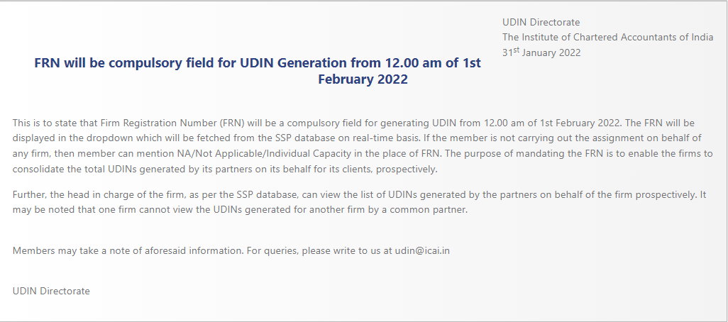 FRN mandatory for UDIN